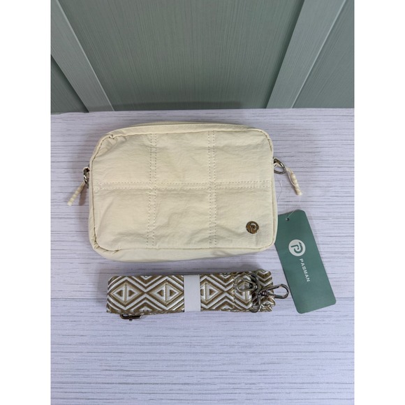 Pasman Handbags - Pasman Cream Quilted Nylon Crossbody Bag with Geometric Guitar Strap New